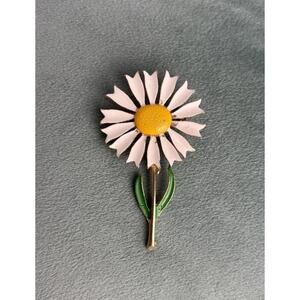 Vtg Long Stem Daisy Flower Brooch White‎ Yellow Green P032